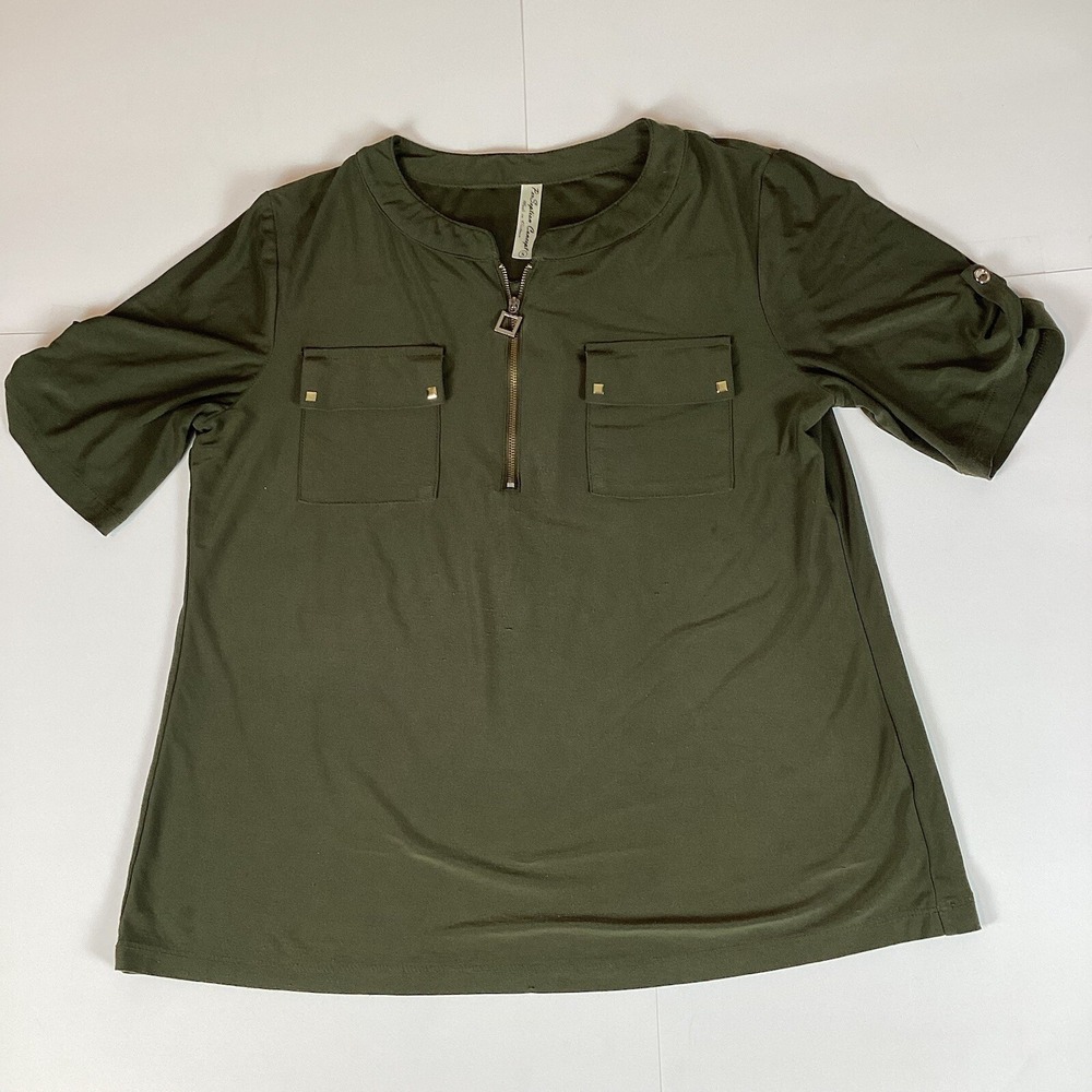 Perception Concept Womens Shirt Top Sz Small Short Sleeve Pullover Fuzz Pockets